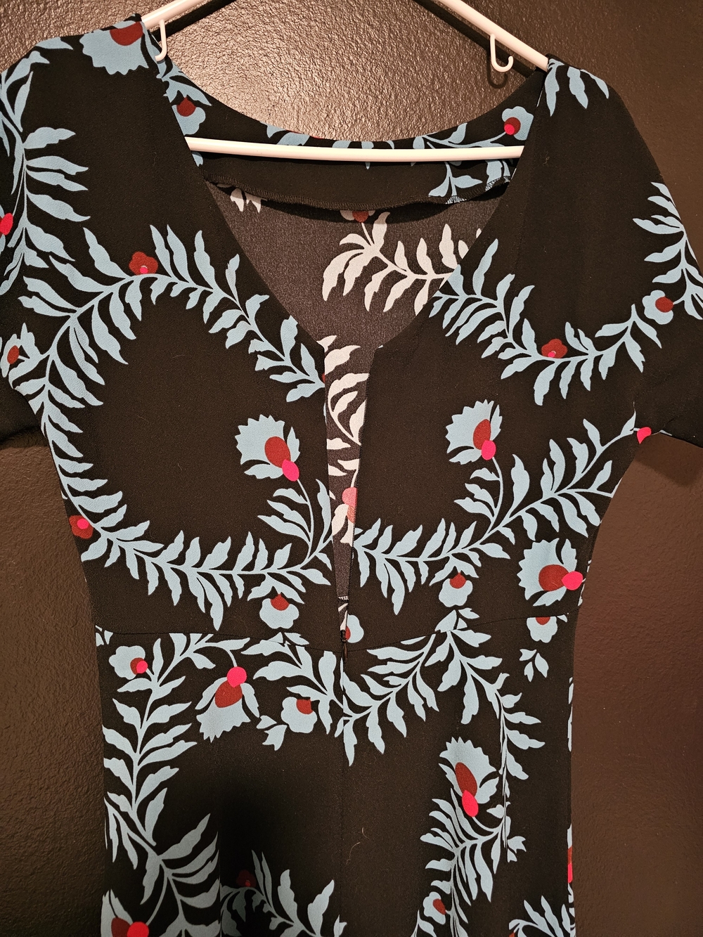 Boden Black Midi Dress with Light Blue Vine Print and Red Floral Accents - Picture 7 of 12